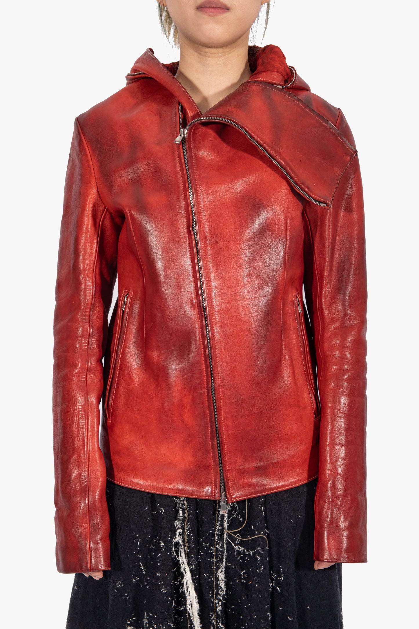JL6904 Hooded Red Leather Jacket