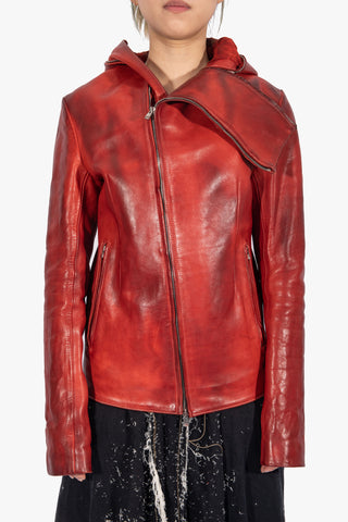 JL6904 Hooded Red Leather Jacket