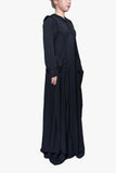 Long hooded dress with hips pleat and puffy sleeves