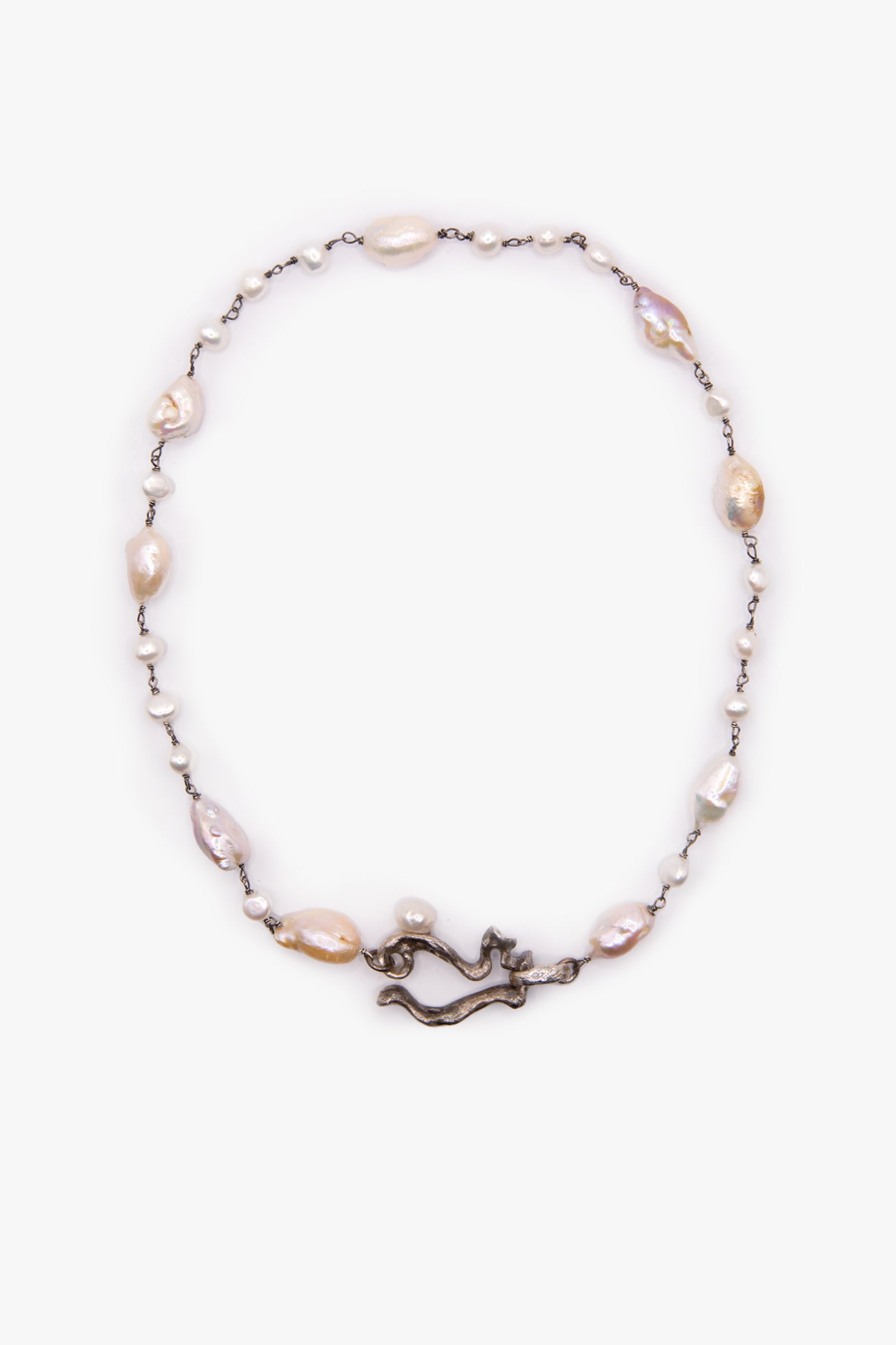 "Leaping (Ocean) Beast (""L"" clasp) neckace with White FW Baroque Pearl & irragular pearls"