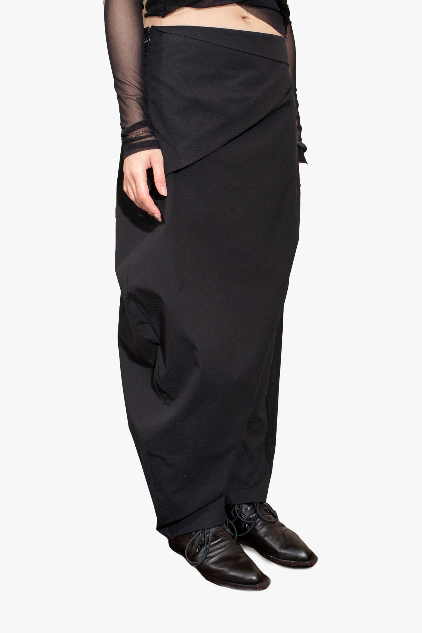 Asymmetric low crotch pants