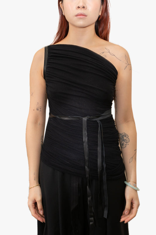 Gathered vest with leather strain