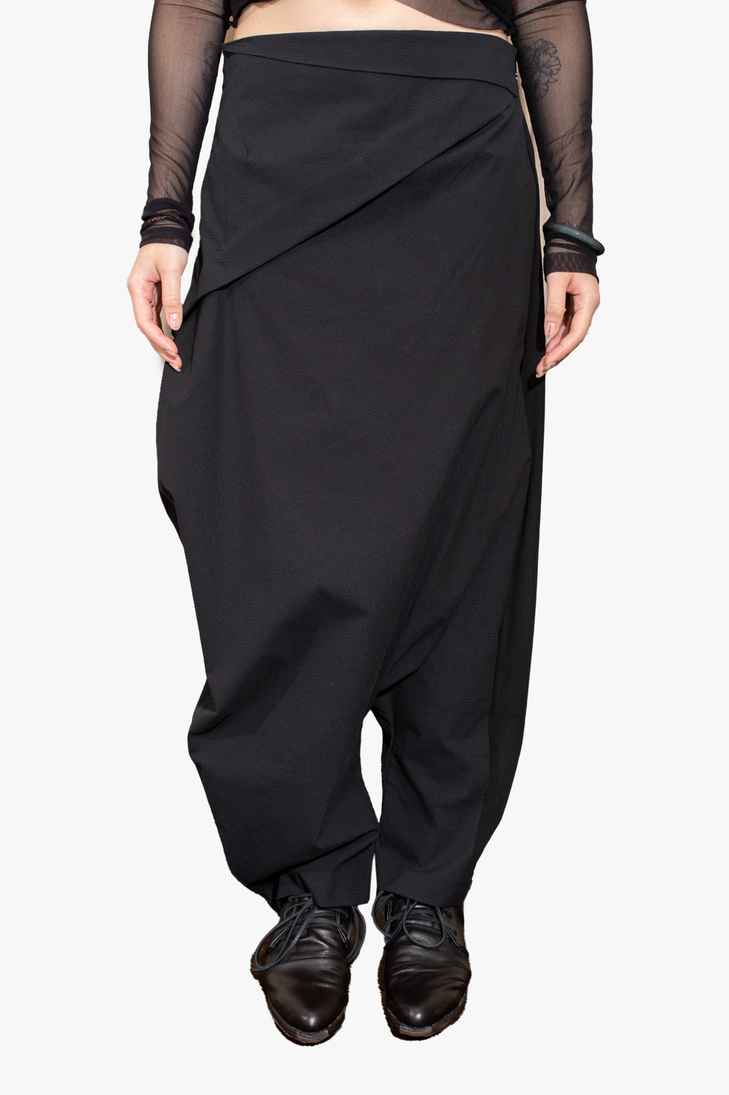 Asymmetric low crotch pants