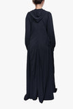 Long hooded dress with hips pleat and puffy sleeves