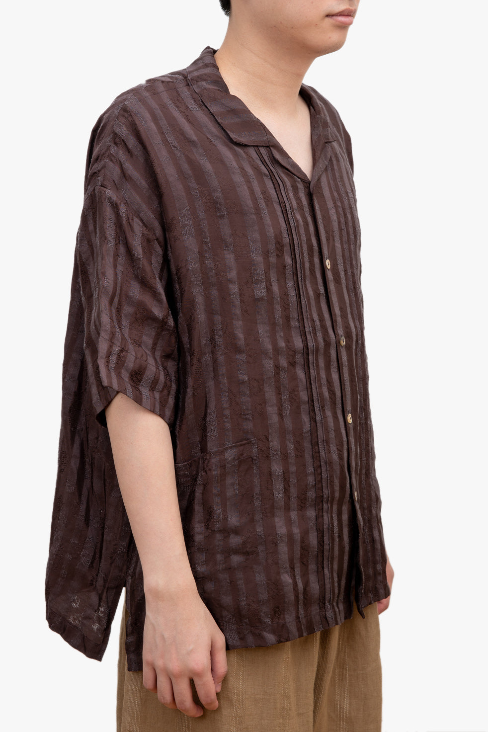 Le KAYURI embroidery silk/Linen short shirt Dark Brown