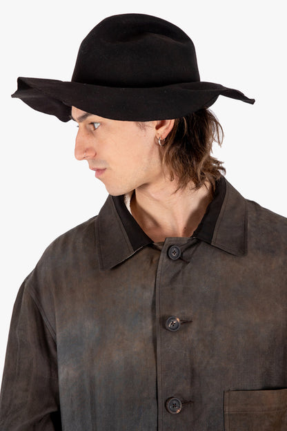 RHRY009 RABBIT FUR FELT MOLDABLE HAT WITH WRINKLED BRIM & CROWN.