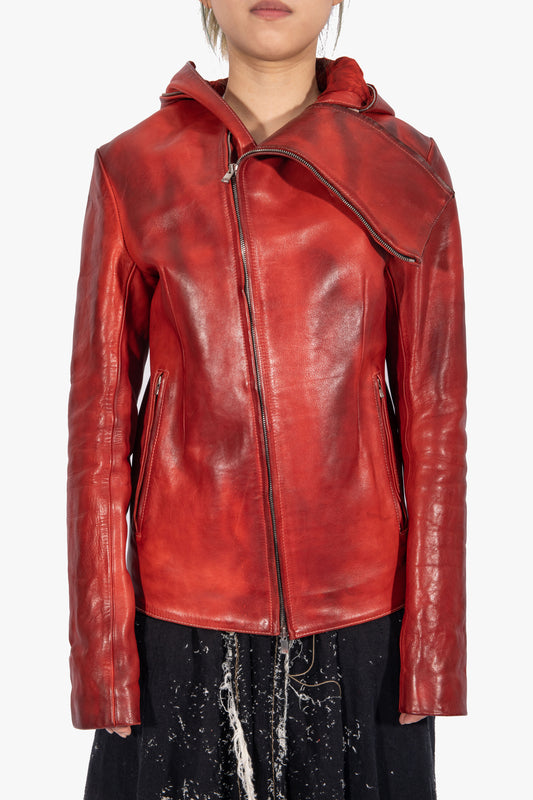 JL6904 Hooded Red Leather Jacket