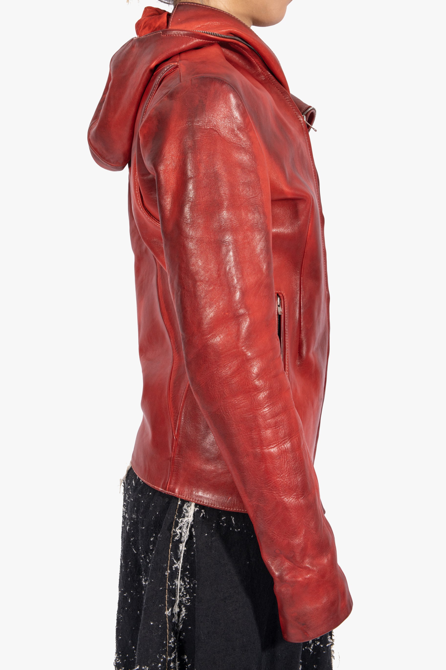 JL6904 Hooded Red Leather Jacket