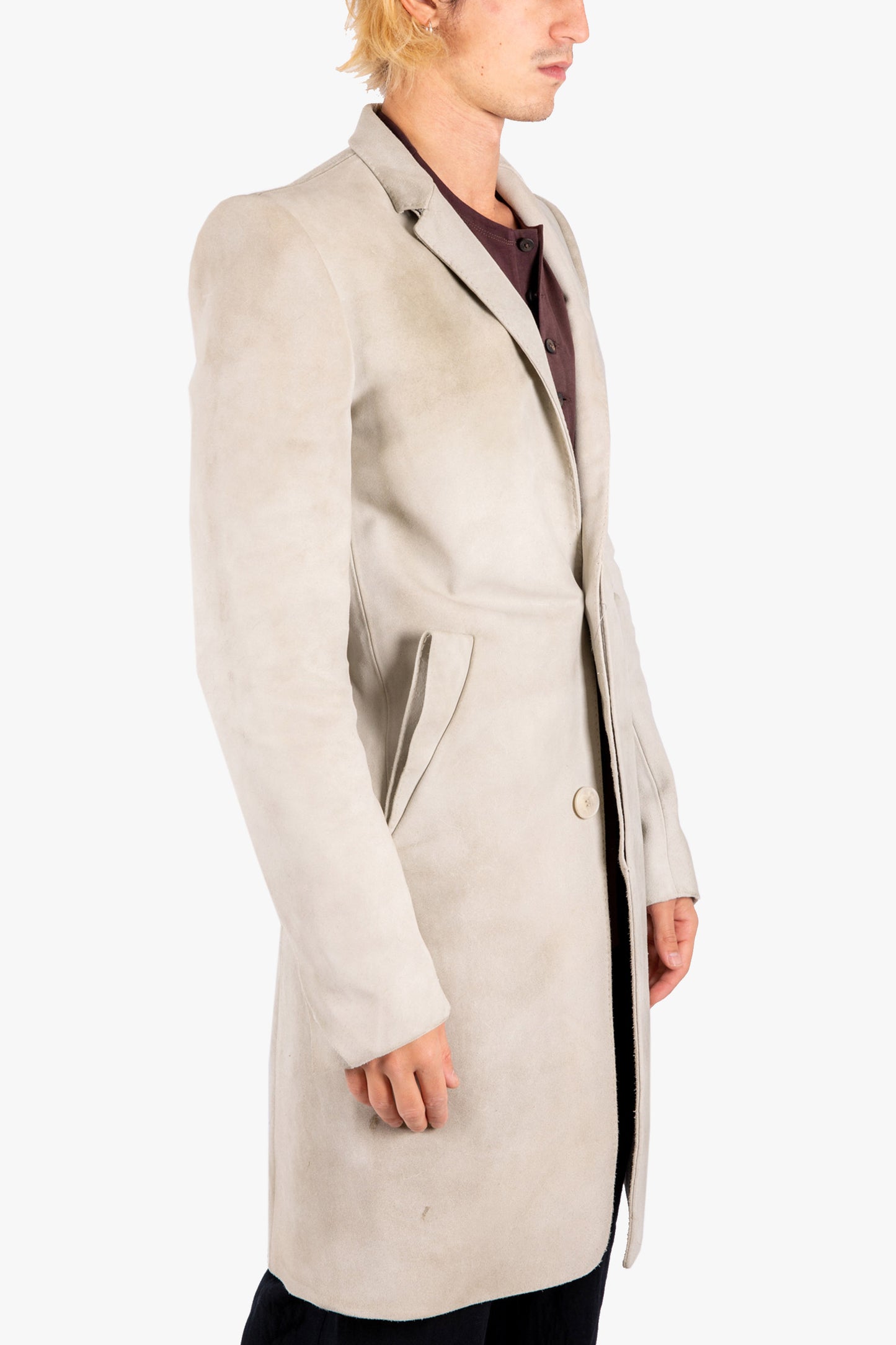 LJ–160 REFLECTIVE LONG LEATHER 2-BUTTON JACKET WITH CUTAWAY DETAIL